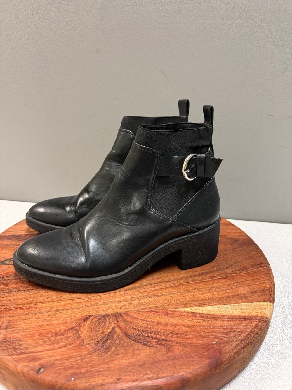 Zara Black Leather Ankle Boots with Buckle Accent